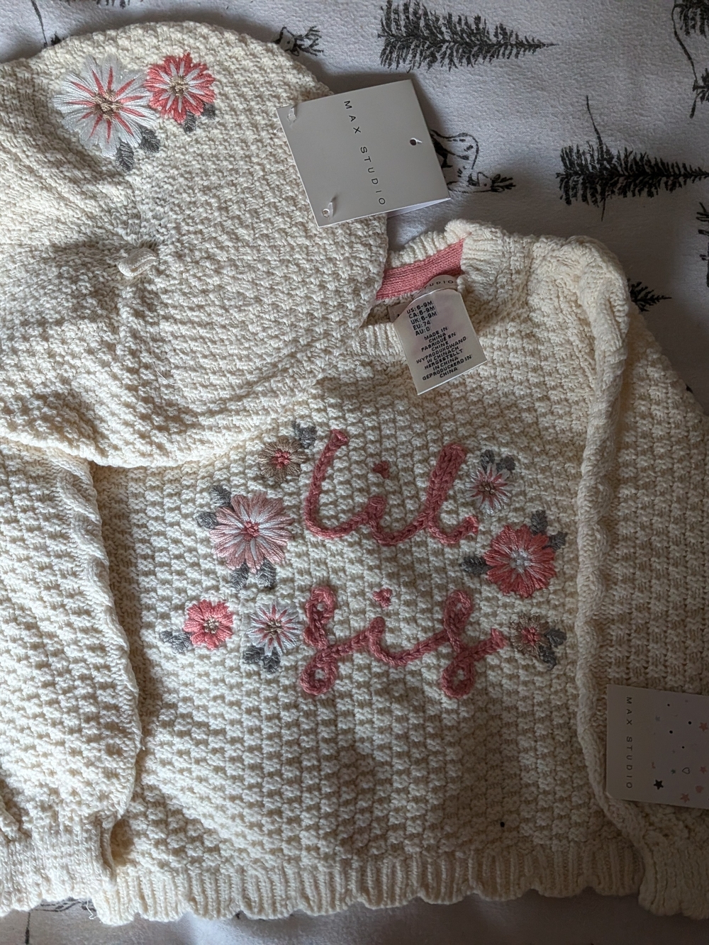 Max Studio Cream "Lil Sis" Embroidered Knit Sweater With Matching Beret